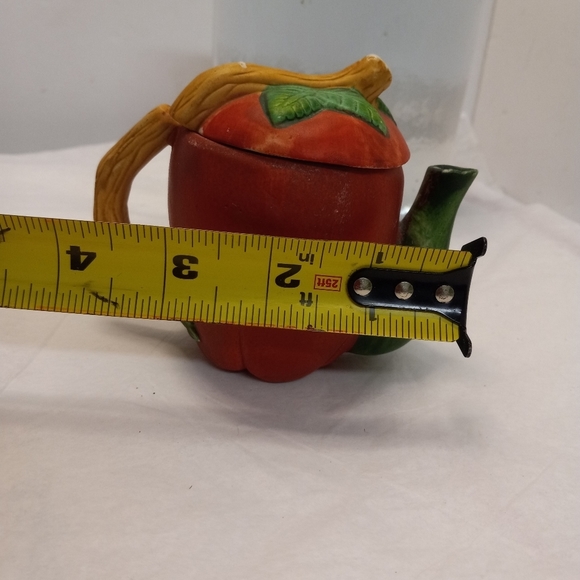 Apple Tea Kettle HAND-PAINTED Ceramic Novelty Red  Green leaves - Picture 5 of 6